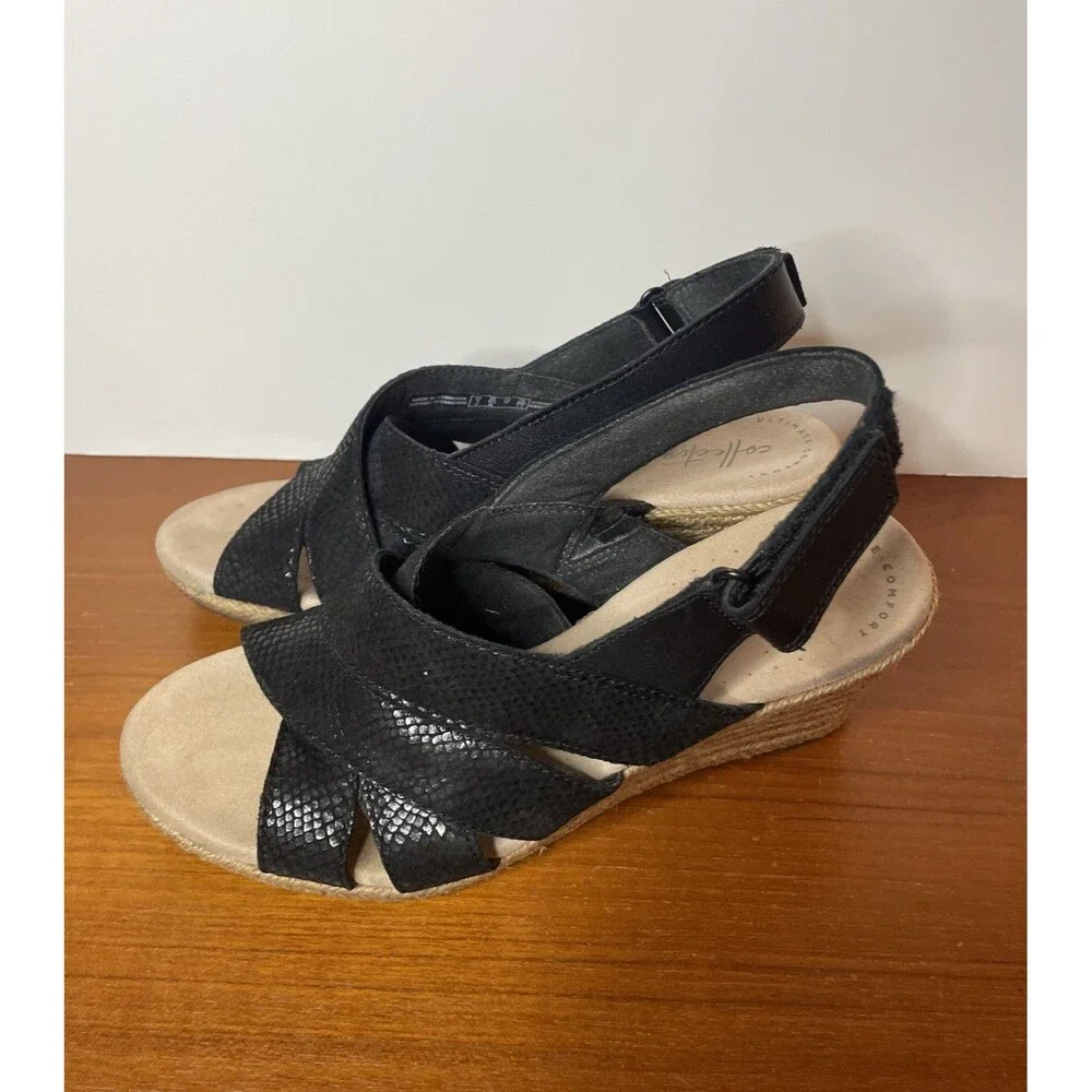 Clarks Collection Lafley Krissy wedge sandals Comfort black Snake Shoes 6.5